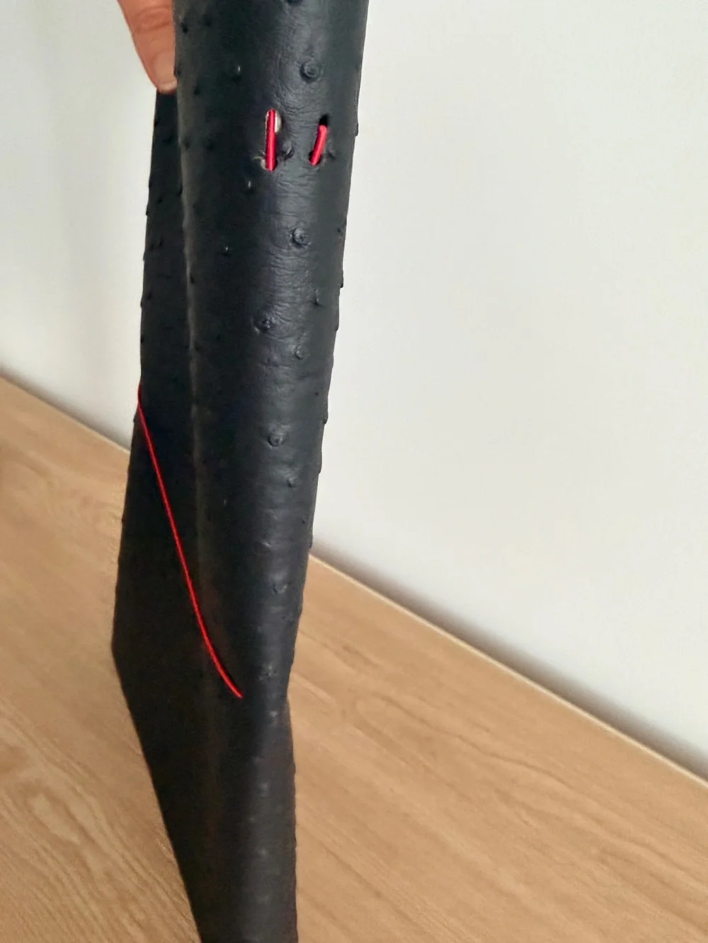 Black Faux Ostrich Leather Notebook with Red Elastic